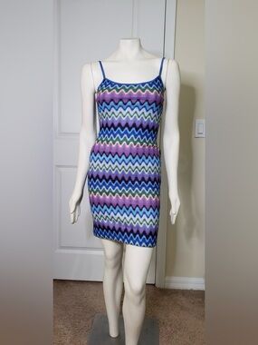Vintage Rave City Multicolor Zigzag Knit Mini Dress Blue Pink Y2K Size Small